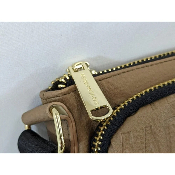 Steve Madden Crossbody Bag Tan Purse Fringe Detail Black Strap Gold Tone NEW - Picture 5 of 11
